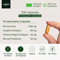 Aldous Bio Kurkuma mit Ingwer, schwarzem Pfeffer und Probiotika - 250 Kapseln