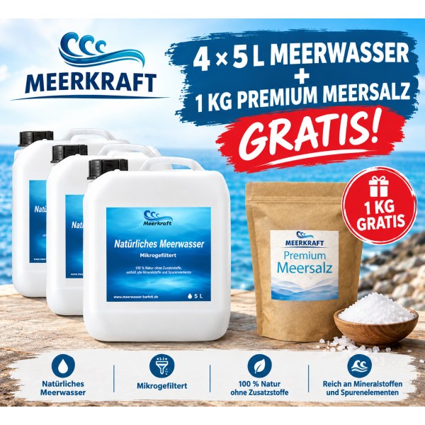 Angebot natürliches Meerwasser 4 x 5 Liter Kanister Microgefiltert + 1 Kilo Meersalz Gratis #1